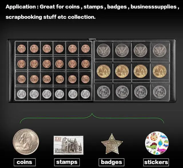 Alt view image 2 of 7 - Coin Collection Book Holder Albums for Collectors, 2-Sided Display, Black | 20-46mm Coin Sleeves, Flap Pockets Help Reduce Slipping And Rubbing, Pu Cover, Gift-Ready