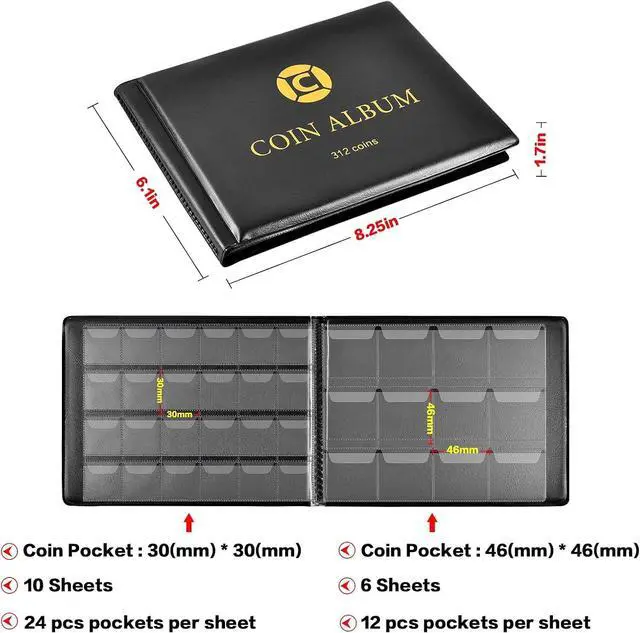 Alt view image 3 of 7 - Coin Collection Book Holder Albums for Collectors, 2-Sided Display, Black | 20-46mm Coin Sleeves, Flap Pockets Help Reduce Slipping And Rubbing, Pu Cover, Gift-Ready