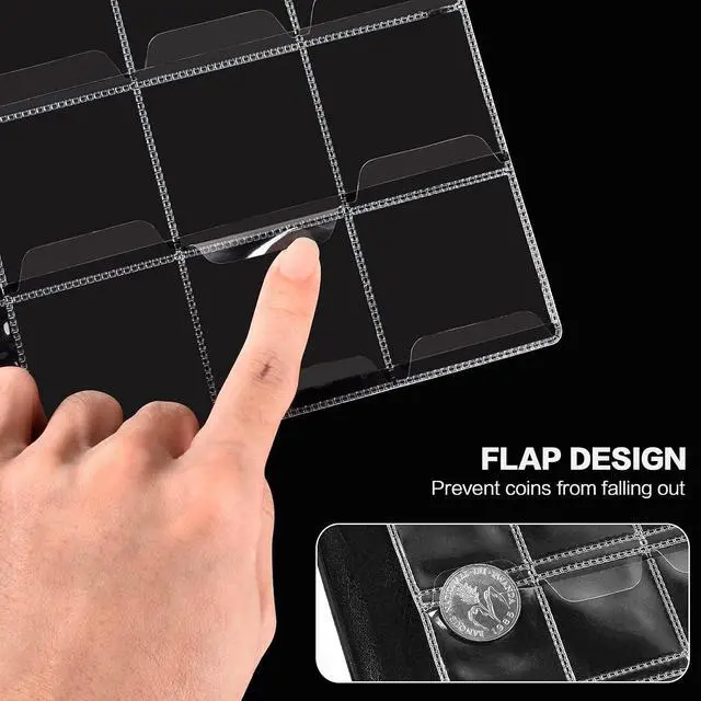 Alt view image 4 of 7 - Coin Collection Book Holder Albums for Collectors, 2-Sided Display, Black | 20-46mm Coin Sleeves, Flap Pockets Help Reduce Slipping And Rubbing, Pu Cover, Gift-Ready
