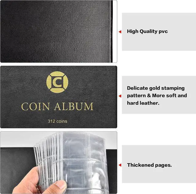 Alt view image 5 of 7 - Coin Collection Book Holder Albums for Collectors, 2-Sided Display, Black | 20-46mm Coin Sleeves, Flap Pockets Help Reduce Slipping And Rubbing, Pu Cover, Gift-Ready