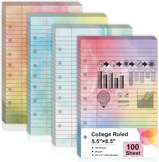 Main image of 100 Sheet 5.5" x 8.5" Colored Loose Leaf Paper 7-Hole for 3/7 Ring Binders