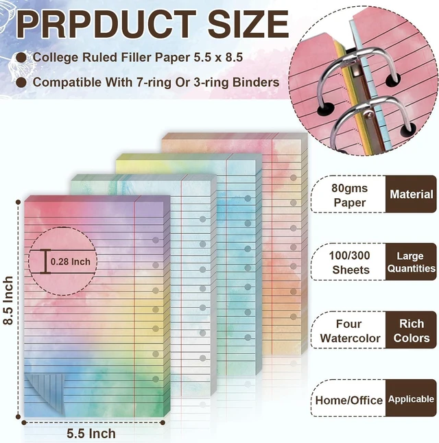 Alt view image 2 of 7 - 100 Sheet 5.5" x 8.5" Colored Loose Leaf Paper 7-Hole for 3/7 Ring Binders