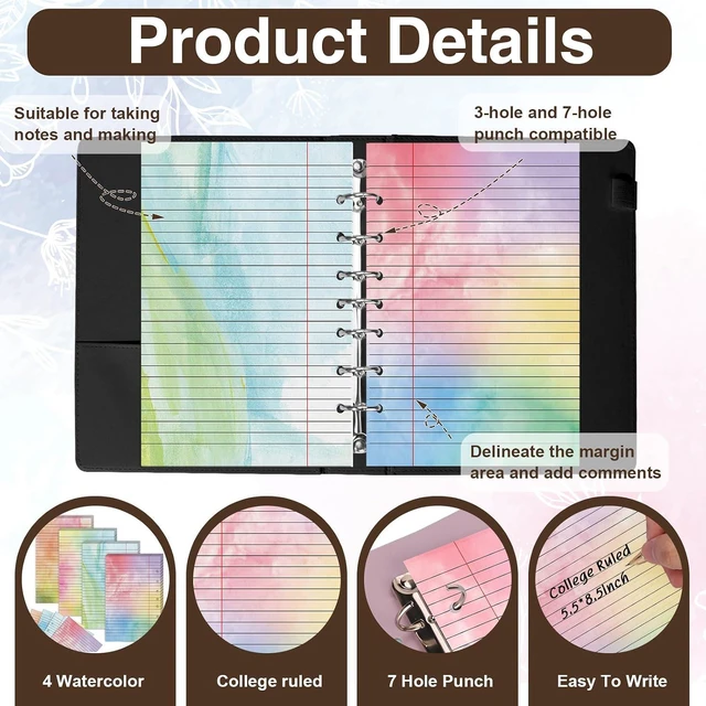 Alt view image 3 of 7 - 100 Sheet 5.5" x 8.5" Colored Loose Leaf Paper 7-Hole for 3/7 Ring Binders