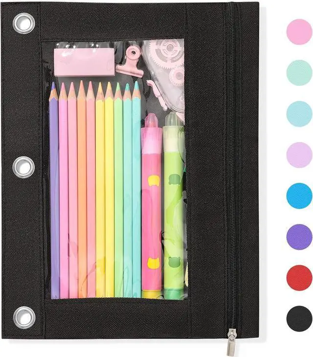 Main image of Pencil Pouch for 3 Ring Binder, Large Zipper Pencil Case with Clear Window, 3 Reinforced Grommets, Binder Accessories for School and Office Supplies Storage, Black