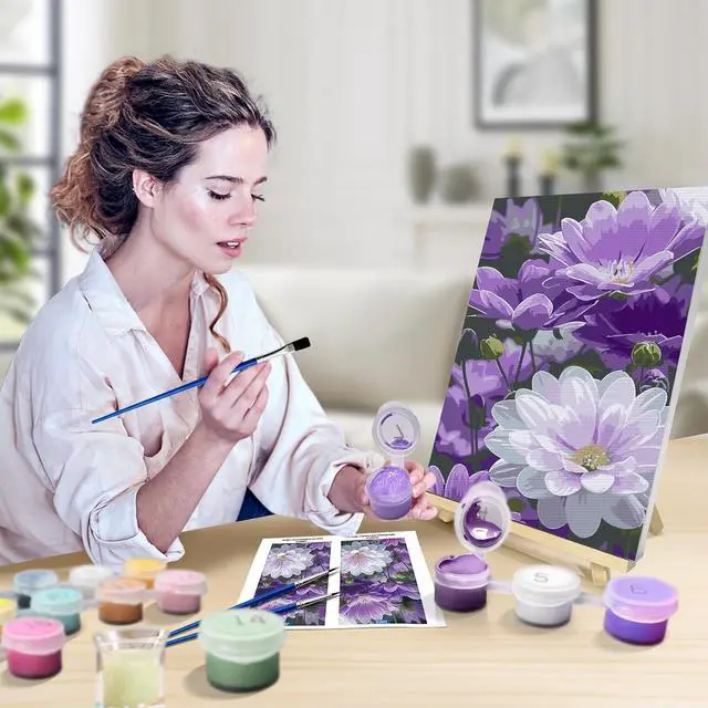 Alt view image 4 of 6 - Paint by Numbers Kits for Adults with Frame, Flowers Paint by Numbers for Adults, Paint by Number Canvas for Adults with Easel, DIY Acrylic Oil Painting Kit for Home Wall Decor 8 x 12 Inch