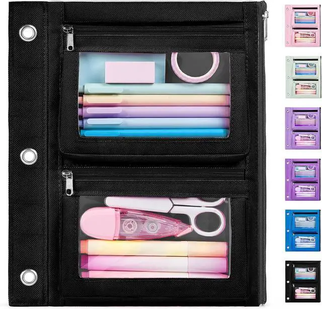 Main image of Forvencer Pencil Pouch for 3 Ring Binder, 3-Pocket Zipper Pouch with 2 Front Expandable Pockets, Large Pencil Case with Clear Windows, Storage Organizer for School Supplies, Cables, Makeup, Black