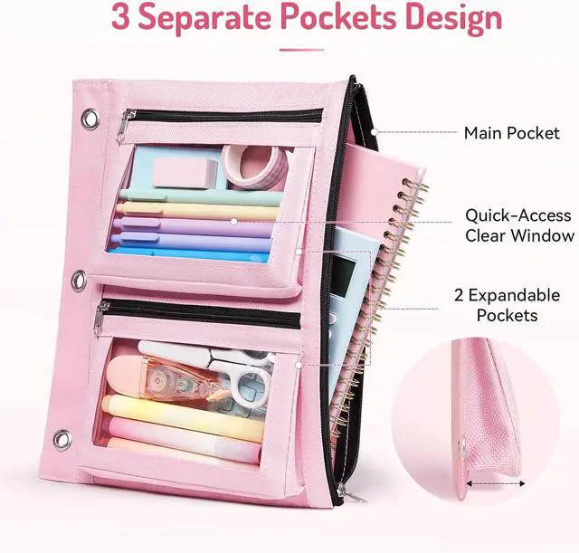 Alt view image 2 of 7 - Forvencer Pencil Pouch for 3 Ring Binder, 3-Pocket Zipper Pouch with 2 Front Expandable Pockets, Large Pencil Case with Clear Windows, Storage Organizer for School Supplies, Cables, Makeup, Black
