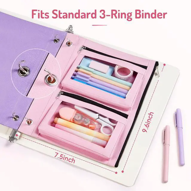 Alt view image 4 of 7 - Forvencer Pencil Pouch for 3 Ring Binder, 3-Pocket Zipper Pouch with 2 Front Expandable Pockets, Large Pencil Case with Clear Windows, Storage Organizer for School Supplies, Cables, Makeup, Black