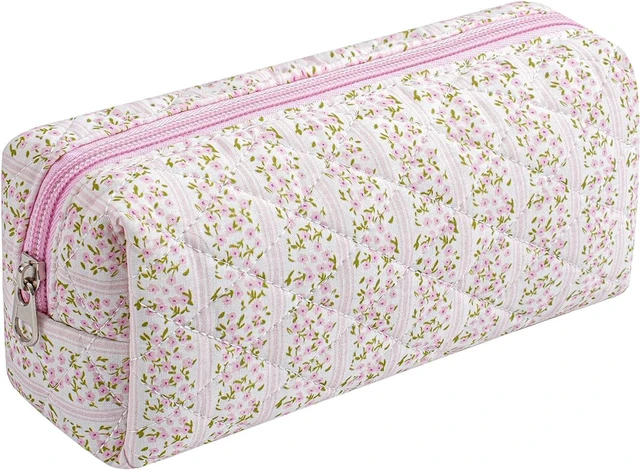 Main image of Cute Floral Cotton Makeup Brush Cosmetic Bag for Women, Travel Quilted Zipper Make Up Bag, Flowers Toiletry Organizer Case Kawaii Makeup Cosmetic Travel Cloth Pouch (Pink Floral)