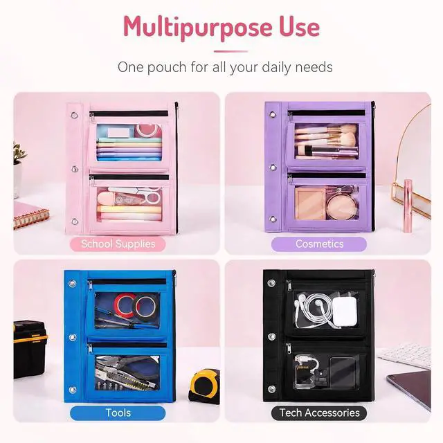Alt view image 7 of 7 - Forvencer Pencil Pouch for 3 Ring Binder, 3-Pocket Zipper Pouch with 2 Front Expandable Pockets, Large Pencil Case with Clear Windows, Storage Organizer for School Supplies, Cables, Makeup, Black