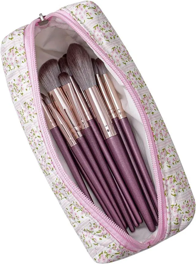 Alt view image 2 of 7 - Cute Floral Cotton Makeup Brush Cosmetic Bag for Women, Travel Quilted Zipper Make Up Bag, Flowers Toiletry Organizer Case Kawaii Makeup Cosmetic Travel Cloth Pouch (Pink Floral)