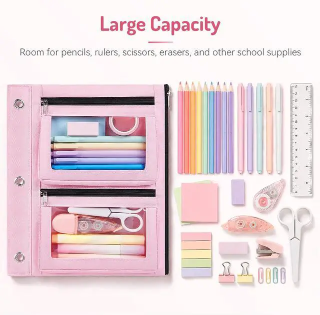 Alt view image 3 of 7 - Forvencer Pencil Pouch for 3 Ring Binder, 3-Pocket Zipper Pouch with 2 Front Expandable Pockets, Large Pencil Case with Clear Windows, Storage Organizer for School Supplies, Cables, Makeup, Black