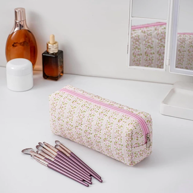 Alt view image 3 of 7 - Cute Floral Cotton Makeup Brush Cosmetic Bag for Women, Travel Quilted Zipper Make Up Bag, Flowers Toiletry Organizer Case Kawaii Makeup Cosmetic Travel Cloth Pouch (Pink Floral)