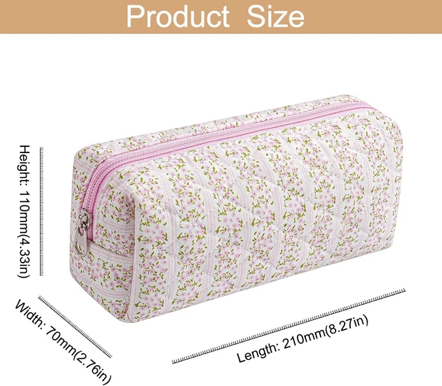 Alt view image 4 of 7 - Cute Floral Cotton Makeup Brush Cosmetic Bag for Women, Travel Quilted Zipper Make Up Bag, Flowers Toiletry Organizer Case Kawaii Makeup Cosmetic Travel Cloth Pouch (Pink Floral)