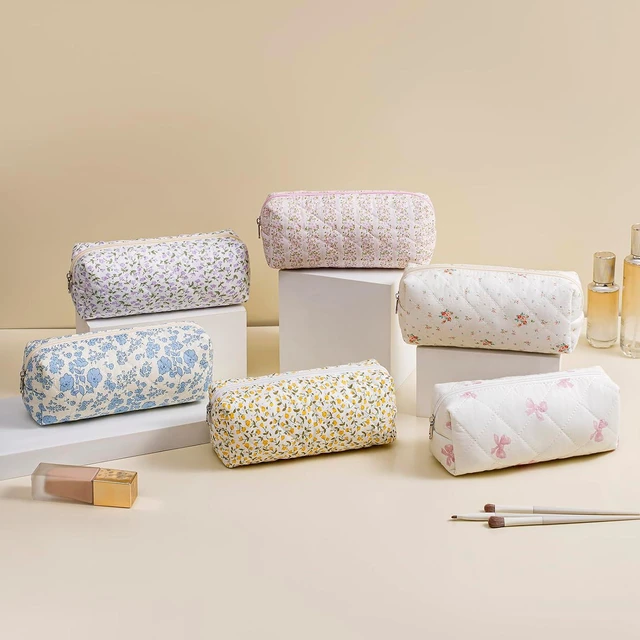 Alt view image 5 of 7 - Cute Floral Cotton Makeup Brush Cosmetic Bag for Women, Travel Quilted Zipper Make Up Bag, Flowers Toiletry Organizer Case Kawaii Makeup Cosmetic Travel Cloth Pouch (Pink Floral)