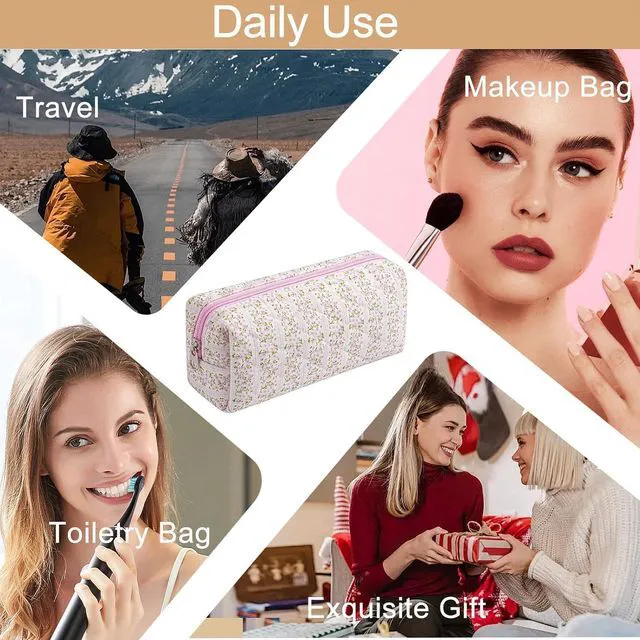 Alt view image 6 of 7 - Cute Floral Cotton Makeup Brush Cosmetic Bag for Women, Travel Quilted Zipper Make Up Bag, Flowers Toiletry Organizer Case Kawaii Makeup Cosmetic Travel Cloth Pouch (Pink Floral)