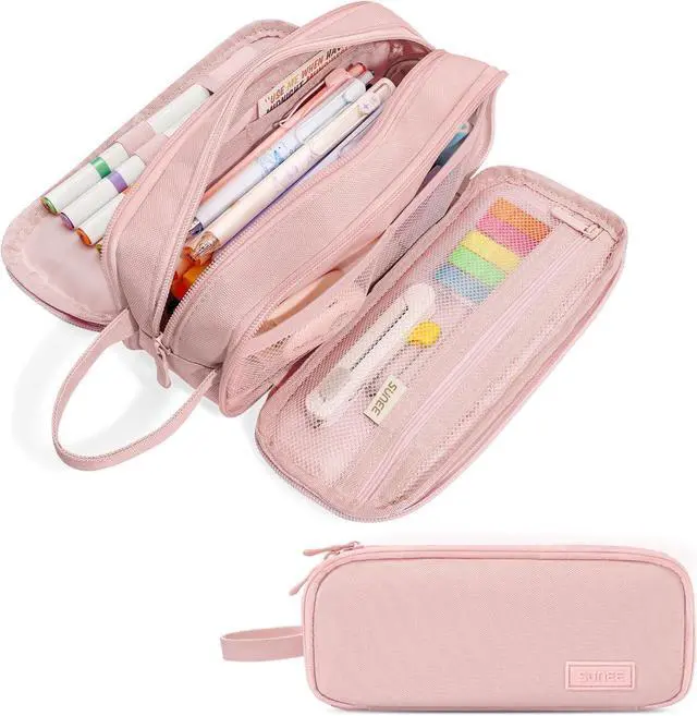 Main image of Large Capacity Pencil Case with 3 Compartment, Extra Big Pencil Pouch, Pencil Bag with Zipper, Cute High Stationery Organizer, Oxford Pen Box School Supplies for Student Teen Girls Boys, Pink