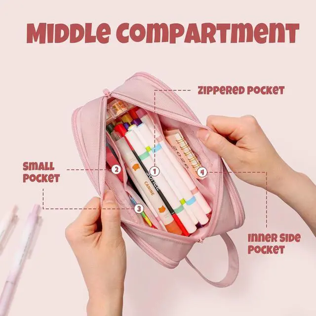Alt view image 3 of 7 - Large Capacity Pencil Case with 3 Compartment, Extra Big Pencil Pouch, Pencil Bag with Zipper, Cute High Stationery Organizer, Oxford Pen Box School Supplies for Student Teen Girls Boys, Pink