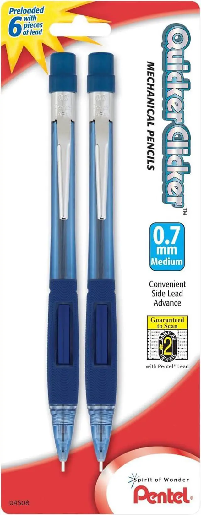 Main image of Quicker Clicker Mechanical Pencil, (0.7mm), Transparent Blue Barrel, Pack of 2 (PD347BP2-K6)