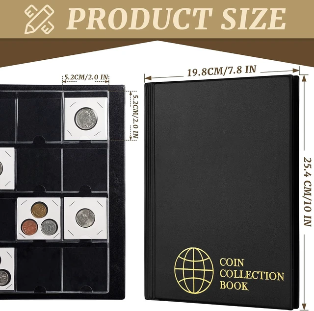 Alt view image 2 of 6 - Coin Flip Holder Albums - 120 Pockets 2x2 inches | Collection Storage Book Holder Supplies for Pounds Pence Cents CS4312BK