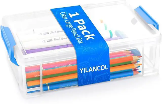 Main image of Large Plastic Clear Hart Pencil Box Case For Crayons, Markers, Art Supplies | Hard Pen Case Box With Secure Lid,Stackable Kids Boy Girls Storage Organizer Box For School Classroom Office,Blue