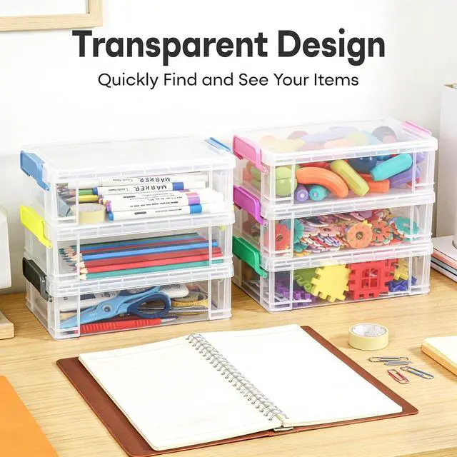 Alt view image 2 of 7 - Large Plastic Clear Hart Pencil Box Case For Crayons, Markers, Art Supplies | Hard Pen Case Box With Secure Lid,Stackable Kids Boy Girls Storage Organizer Box For School Classroom Office,Blue