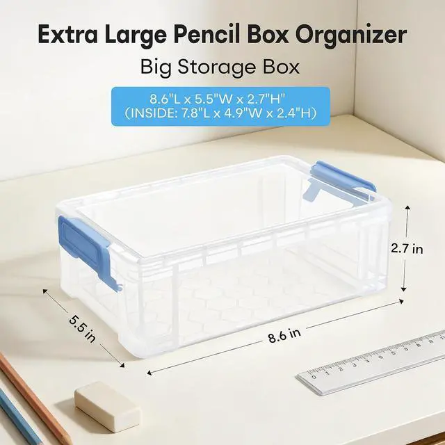 Alt view image 3 of 7 - Large Plastic Clear Hart Pencil Box Case For Crayons, Markers, Art Supplies | Hard Pen Case Box With Secure Lid,Stackable Kids Boy Girls Storage Organizer Box For School Classroom Office,Blue