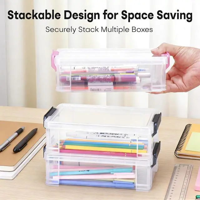 Alt view image 4 of 7 - Large Plastic Clear Hart Pencil Box Case For Crayons, Markers, Art Supplies | Hard Pen Case Box With Secure Lid,Stackable Kids Boy Girls Storage Organizer Box For School Classroom Office,Blue