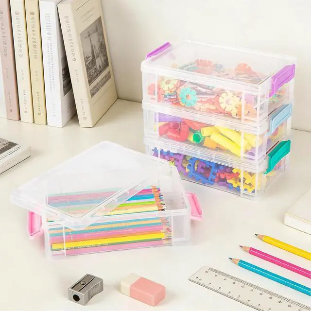 Alt view image 7 of 7 - Large Plastic Clear Hart Pencil Box Case For Crayons, Markers, Art Supplies | Hard Pen Case Box With Secure Lid,Stackable Kids Boy Girls Storage Organizer Box For School Classroom Office,Blue