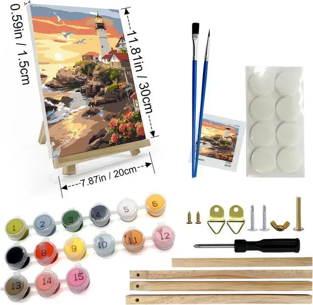 Alt view image 2 of 7 - Lighthouse Paint by Number for Adults, Paint by Numbers Kit for Adults with Frame, DIY Seaside Paint by Numbers Kits for Adults on Canvas, Sunset Oil Painting Kit for Home Wall Decor 8 x 12 in