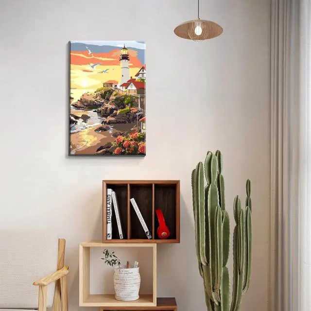 Alt view image 6 of 7 - Lighthouse Paint by Number for Adults, Paint by Numbers Kit for Adults with Frame, DIY Seaside Paint by Numbers Kits for Adults on Canvas, Sunset Oil Painting Kit for Home Wall Decor 8 x 12 in