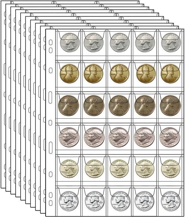Main image of 10 Sheets Coin Collection Pages, Inserts Coin Sleeves with 9 Hole for Album, Collecting Binder Protectors for Silver Dollar Bill Quarters Penny Stamp Currency(30 Pockets)