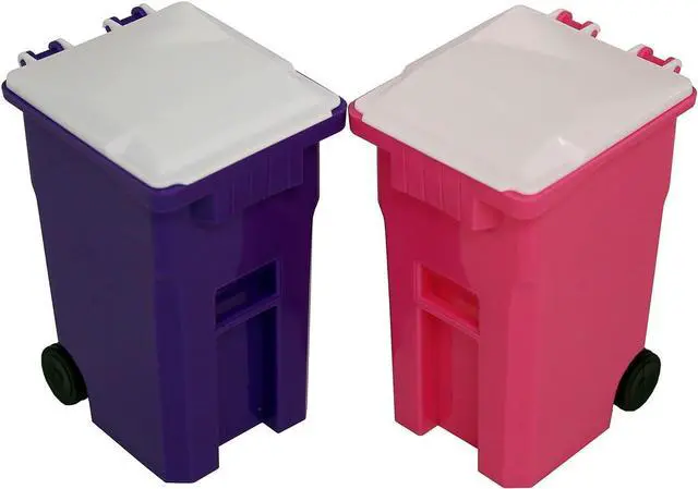 Main image of Desk Pen Holder - Tiny Curbside Garbage Trash and Mini Recycle Can Set - Cool Plastic Pencil Cup Storage and Organizer - Small Toy Bin for Kids and Adults (Pink/Purple)
