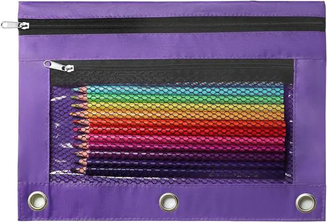 Main image of Pencil Pouch for 3 Ring Binder, Heavy Duty Canvas Dual Zipper Pen Bag with Clear Window, Smooth Metal Zipper, Fit Standard 3-Ring Binders for School Office Travel Supplies (Purple)