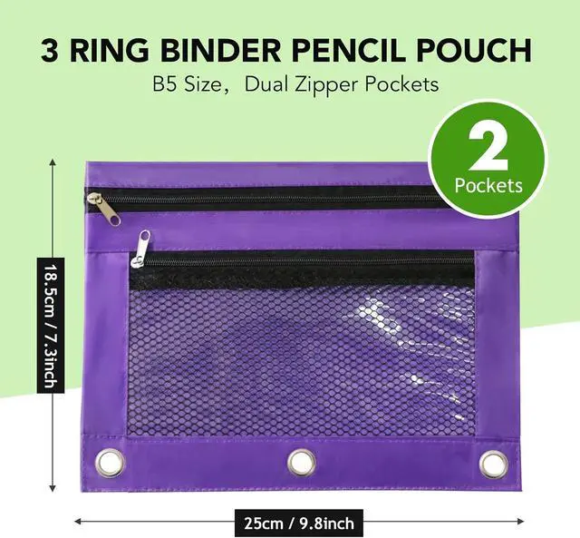Alt view image 2 of 7 - Pencil Pouch for 3 Ring Binder, Heavy Duty Canvas Dual Zipper Pen Bag with Clear Window, Smooth Metal Zipper, Fit Standard 3-Ring Binders for School Office Travel Supplies (Purple)