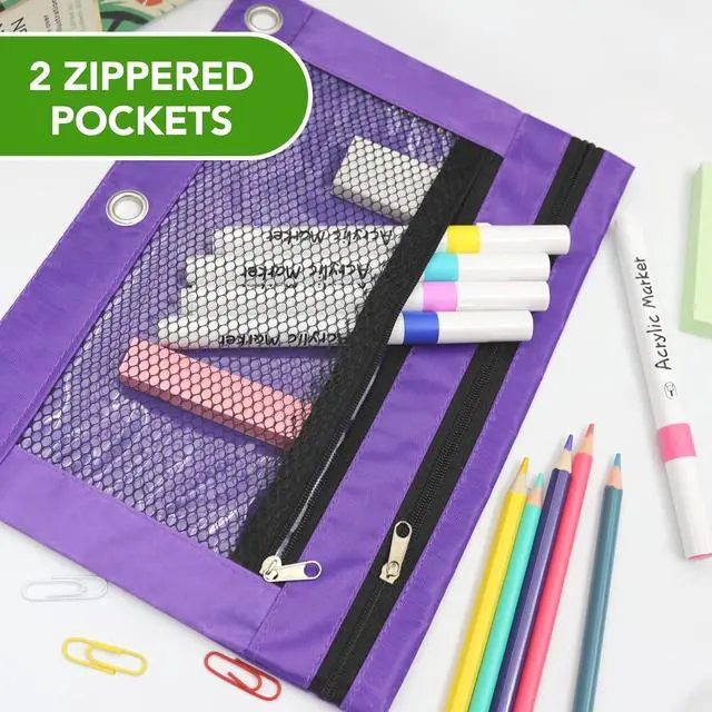 Alt view image 6 of 7 - Pencil Pouch for 3 Ring Binder, Heavy Duty Canvas Dual Zipper Pen Bag with Clear Window, Smooth Metal Zipper, Fit Standard 3-Ring Binders for School Office Travel Supplies (Purple)