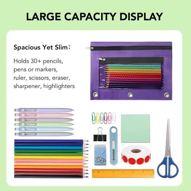 Alt view image 3 of 7 - Pencil Pouch for 3 Ring Binder, Heavy Duty Canvas Dual Zipper Pen Bag with Clear Window, Smooth Metal Zipper, Fit Standard 3-Ring Binders for School Office Travel Supplies (Purple)