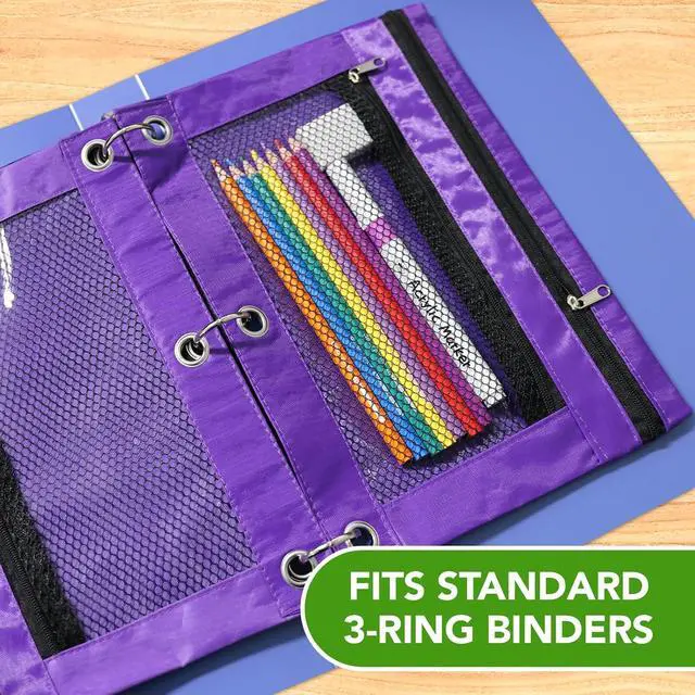Alt view image 4 of 7 - Pencil Pouch for 3 Ring Binder, Heavy Duty Canvas Dual Zipper Pen Bag with Clear Window, Smooth Metal Zipper, Fit Standard 3-Ring Binders for School Office Travel Supplies (Purple)