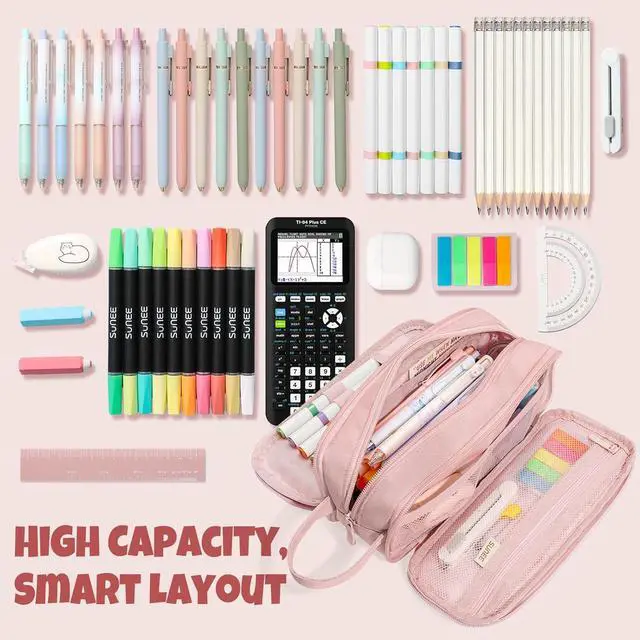 Alt view image 2 of 7 - Large Capacity Pencil Case with 3 Compartment, Extra Big Pencil Pouch, Pencil Bag with Zipper, Cute High Stationery Organizer, Oxford Pen Box School Supplies for Student Teen Girls Boys, Pink