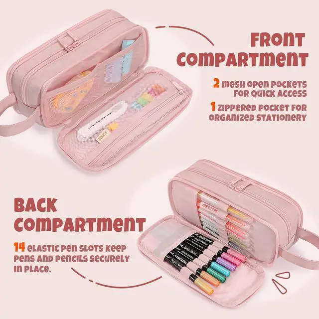 Alt view image 4 of 7 - Large Capacity Pencil Case with 3 Compartment, Extra Big Pencil Pouch, Pencil Bag with Zipper, Cute High Stationery Organizer, Oxford Pen Box School Supplies for Student Teen Girls Boys, Pink