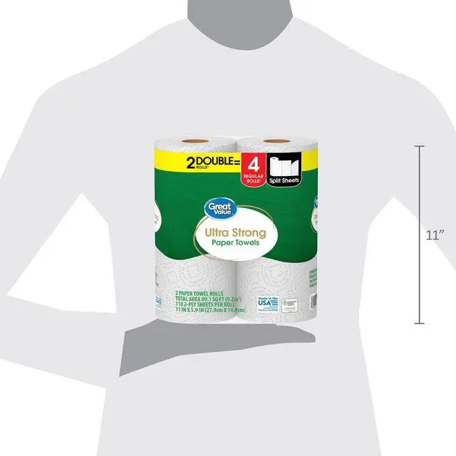 Alt view image 3 of 5 - Ultra Strong 2-Ply White Paper Towels, 2 Double Rolls, Equivalent to 4 Regular Rolls, Split Size Sheets for Multi-Surface Cleaning
