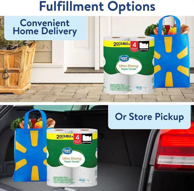 Alt view image 2 of 5 - Ultra Strong 2-Ply White Paper Towels, 2 Double Rolls, Equivalent to 4 Regular Rolls, Split Size Sheets for Multi-Surface Cleaning