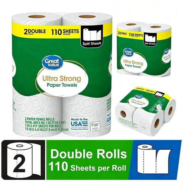 Main image of Ultra Strong 2-Ply White Paper Towels, 2 Double Rolls, Equivalent to 4 Regular Rolls, Split Size Sheets for Multi-Surface Cleaning