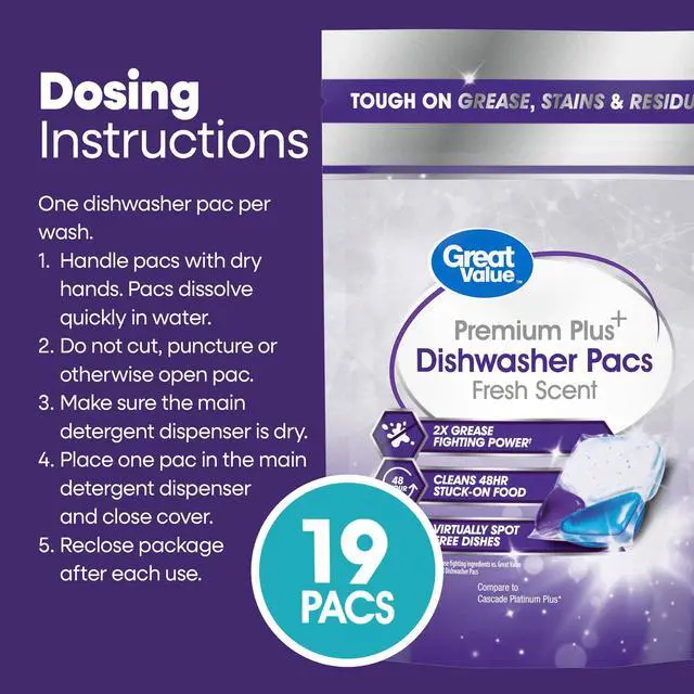 Alt view image 5 of 5 - Premium Plus Dishwasher Pacs Fresh Scent 19 Count, Enzyme Formula Cut Grease & Food Residue, Septic Safe, No Pre-Rinse Needed
