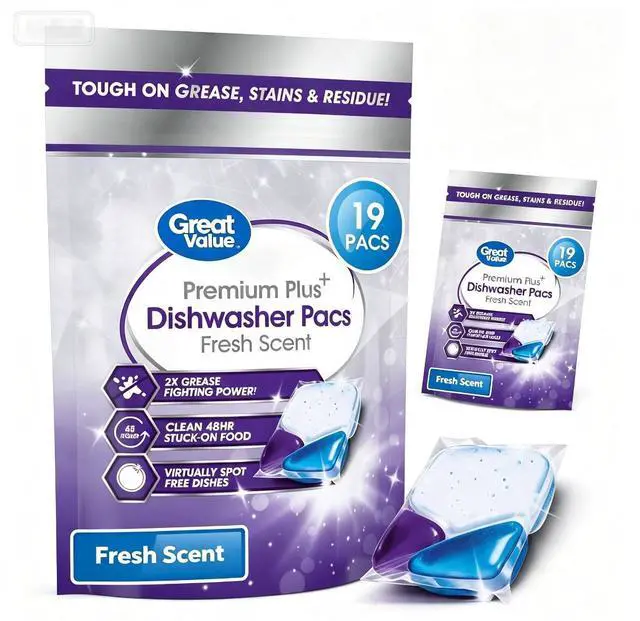 Main image of Premium Plus Dishwasher Pacs Fresh Scent 19 Count, Enzyme Formula Cut Grease & Food Residue, Septic Safe, No Pre-Rinse Needed