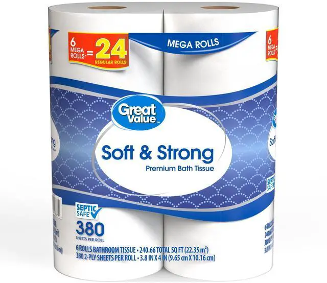 Alt view image 3 of 5 - Soft & Strong Premium 2-Ply Toilet Paper 6 Mega Rolls, 380 Sheets Per Roll, Embossed Unscented White Bath Tissue