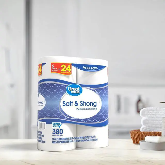 Alt view image 5 of 5 - Soft & Strong Premium 2-Ply Toilet Paper 6 Mega Rolls, 380 Sheets Per Roll, Embossed Unscented White Bath Tissue