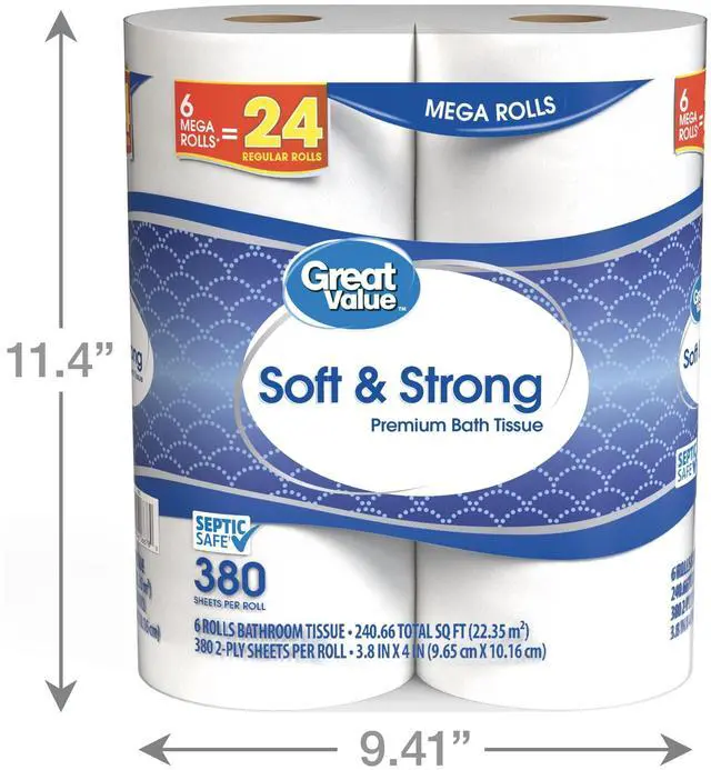 Alt view image 4 of 5 - Soft & Strong Premium 2-Ply Toilet Paper 6 Mega Rolls, 380 Sheets Per Roll, Embossed Unscented White Bath Tissue