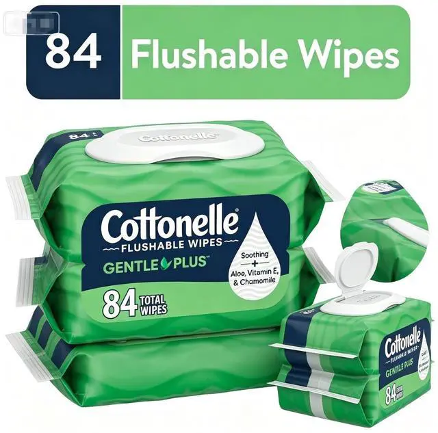 Main image of 2 Pack Flushable Gentle Cleansing Wipes, 42 Wipes per Pack, 95% Pure Water, Alcohol-Free