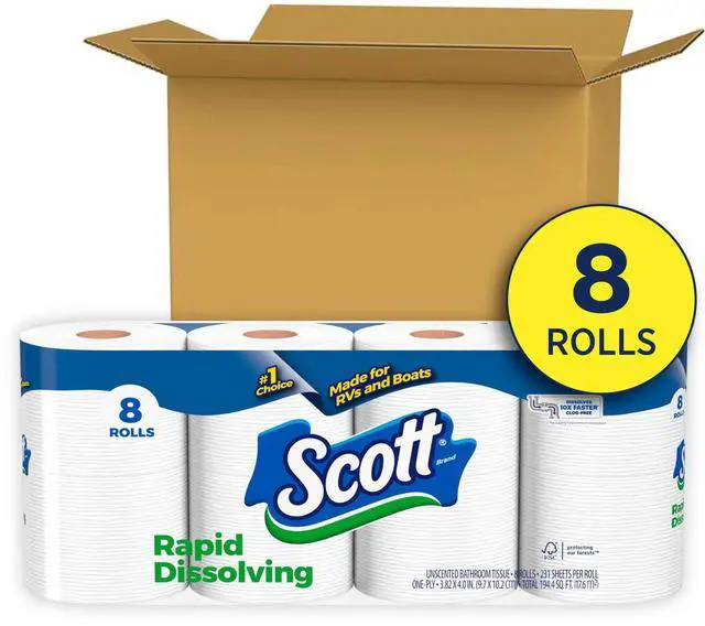 Main image of 8 Double Rolls Quick Dissolve Toilet Tissue, Clog-Free Design for Low-Flow Toilets, RV, Marine & Camping Use